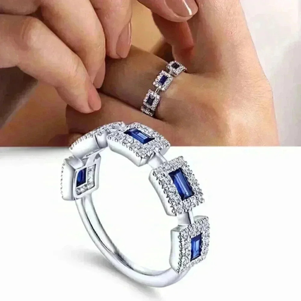 New Beautiful Sterling Silver Blue and White Sapphires Band Ring